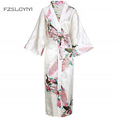 White Women's Sexy Bride Wedding Robes Nightwear Robes Kimono Night Gown Printed Peacock&Floral Sleepwear Plus Size