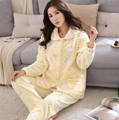 Warm Flannel Pajamas Set For Women Thick Coral Velvet Long Sleeve Pyjamas Sets nightgown Pijama Suit Mujer female Homewear