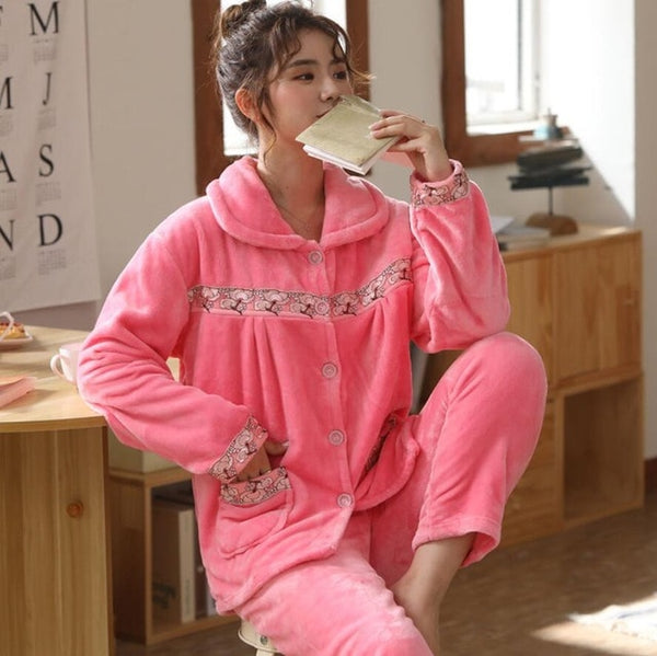 Warm Flannel Pajamas Set For Women Thick Coral Velvet Long Sleeve Pyjamas Sets nightgown Pijama Suit Mujer female Homewear