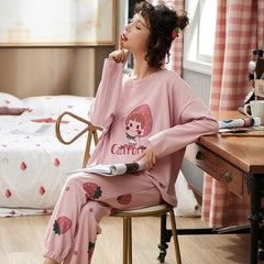 Autumn Cotton Cartoon Pajamas Set Women Pyjamas Sleepwear Loose Long sleeve Pijama Mujer Home Clothes Long Pants Night suit 2pcs