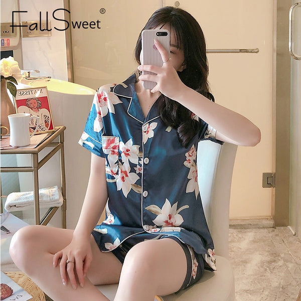 FallSweet Silk Satin Pajamas for Women Short Sleeves Sleepwear Lapel Pyjama Femme Sexy Nightwear M to XXL