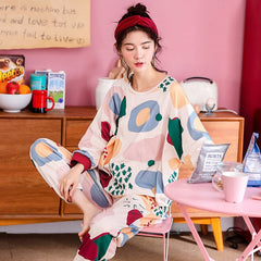 Women Cotton Pajamas Set Cute Cartoon Homewear Women Home Clothes Lounge Wear Autumn Long Sleeve Female Pajamas Cotton Sleepwear