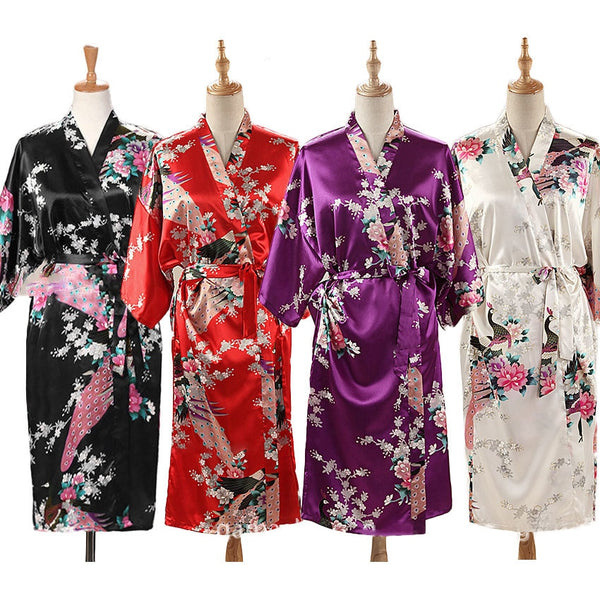 Woman Loose Style Pajamas Home Sleep Wear Lace Up Peacock Print V-neck Night Gown Japanese Kimono Yukata Bathing Robe