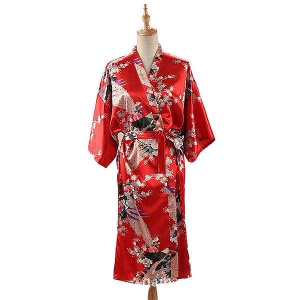 Woman Loose Style Pajamas Home Sleep Wear Lace Up Peacock Print V-neck Night Gown Japanese Kimono Yukata Bathing Robe