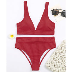 Sexy solid ribbed bikinis 2021 mujer High waist swimsuit women V neck swimwear female Sport bathing suit Stripe biquini