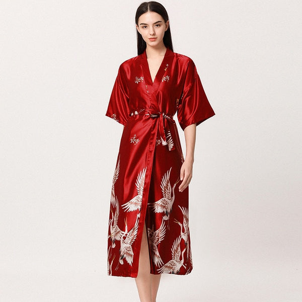 Women Nightgown Ice Silk Chinese Style Crane Print Half Sleeve Kimono Bathrobe Bride Bridesmaid Wedding Long Robe Non-suit