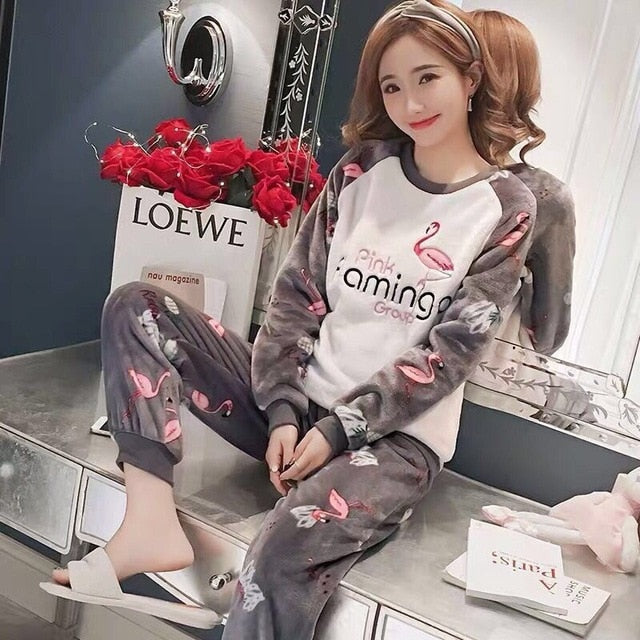 new Winter Flannel warm pajamas korean kawaii cartoon Pajama Set