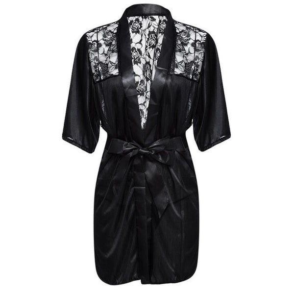 New Hot Sexy Lingerie Plus Size Satin Lace Black Kimono Intimate Sleepwear Robe Sexy Night Gown Women Erotic Underwear