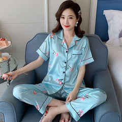 New Short Sleeve Silk Pajamas Soft Women Summer Autumn Home Set Girl Sleepwear Set Pyjamas Plus Size 3XL 4XL 5XL  Nightwear Set