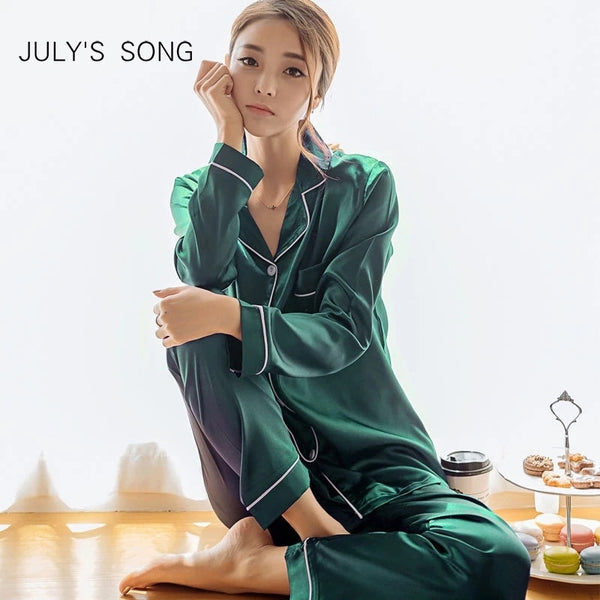 JULY'S SONG 2 Pieces Faux Silk Satin Pajamas Set Autumn Women Sleepwear Long Sleeve Short Sleeve Nightgown Female Ladies Pyjamas