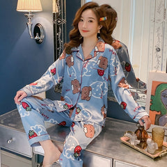 Satin womens pj sets Women Silk Pajamas Pyjamas Set Sleepwear ladies Long Sleeve nightwear Cute Top and Long Pants Pijama suit