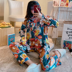 Satin womens pj sets Women Silk Pajamas Pyjamas Set Sleepwear ladies Long Sleeve nightwear Cute Top and Long Pants Pijama suit
