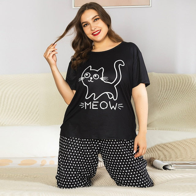 Plus Size Pajama Sets Women Summer Sleepwear Cotton Cute Cartoon