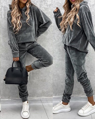 Sweatshirt Women 2 Pieces Set Tracksuit Autumn One Shoulder Suit Pants Sportswear Suede Thick Lounge Suit