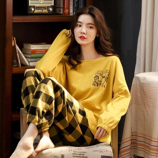 Women Cotton Pajamas Set Cute Cartoon Homewear Home Clothes Lounge Wear Autumn Long Sleeve Female Sleepwear