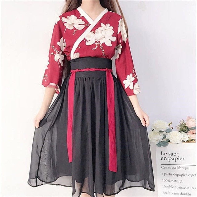 Retro Japanese Style Vintage Haori Kawaii Girls Women Foral Kimono Dress for Party Yukata Asian Clothes Skirts Vestidos Hot Sale