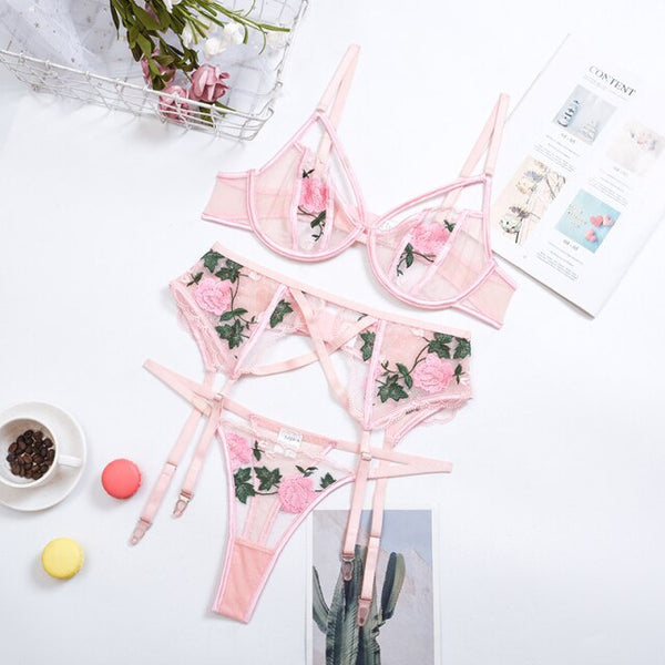 Echonight New Summer Fall Women's Sexy Lace Hollow out Wire Bra Thong Garters Suspender Three Piece Sets Nightwear Lingerie