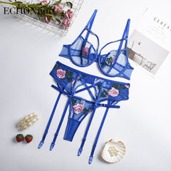 Echonight New Summer Fall Women's Sexy Lace Hollow out Wire Bra Thong Garters Suspender Three Piece Sets Nightwear Lingerie
