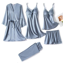 5PC Women's Lace Satin Pajama Set