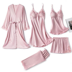 5PC Women's Lace Satin Pajama Set