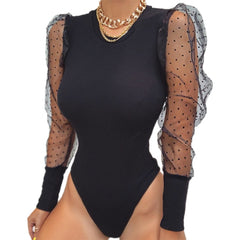 Sexy Women Ladies Lace Bodysuit Long Sleeves Round Neck High Cut Leotard Female See Through Sheer Lace Sexy One-piece Nightwear