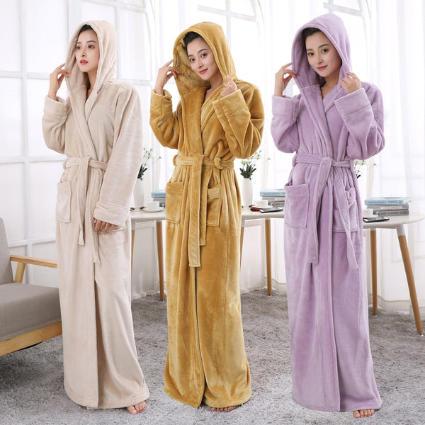 Lovers Hooded Extra Long Thermal Bathrobe Women Men Plus Size Winter Thickening Warm Bath Robe Dressing Gown Bridesmaid Robes