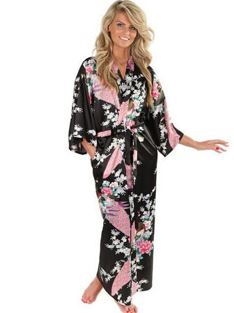 Brand New Black Women Silk Kimono Robes Long Sexy Nightgown Vintage Printed Night Gown Flower Plus Size S M L XL XXL XXXL A-045